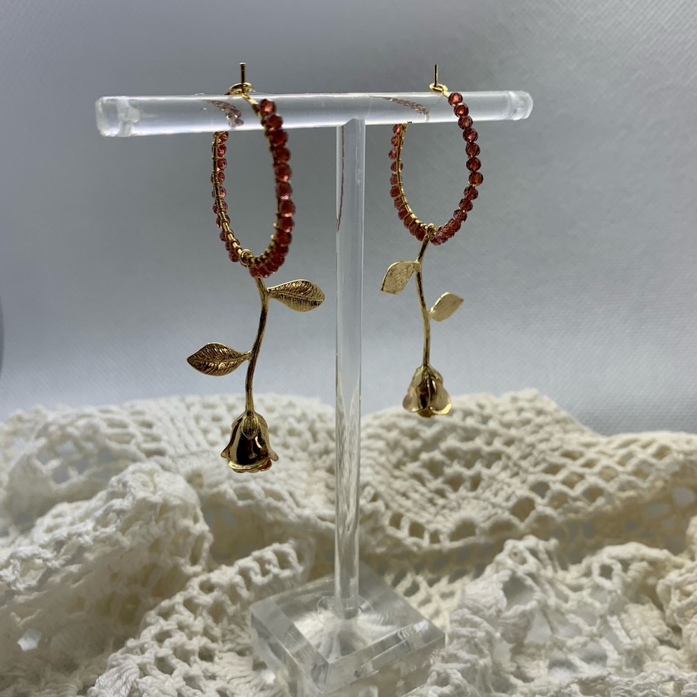 🌹Garnet & Rose Charmed Hoops (18k Gold Plated)🌹 HOST PICK